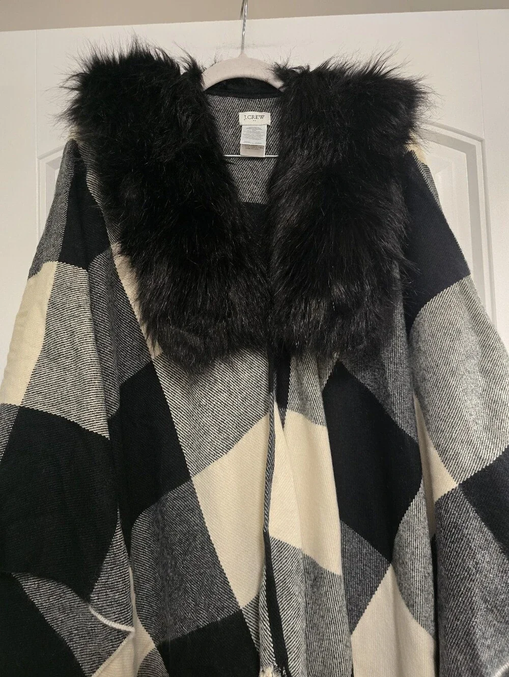 J.Crew One Size Faux Fur Collar Plaid Jacket Cape Shawl Poncho Black Fringe O/S
